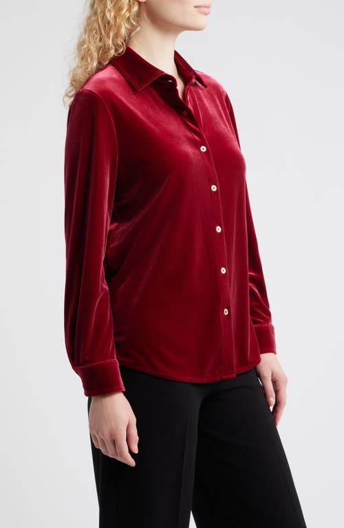 Ak Anne Klein Long Sleeve Velvet Button-up Shirt In Burgundy