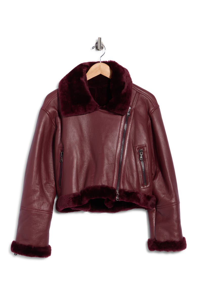 Pike Leather & Genuine Shearling Crop Jacket, Main, color, WINE