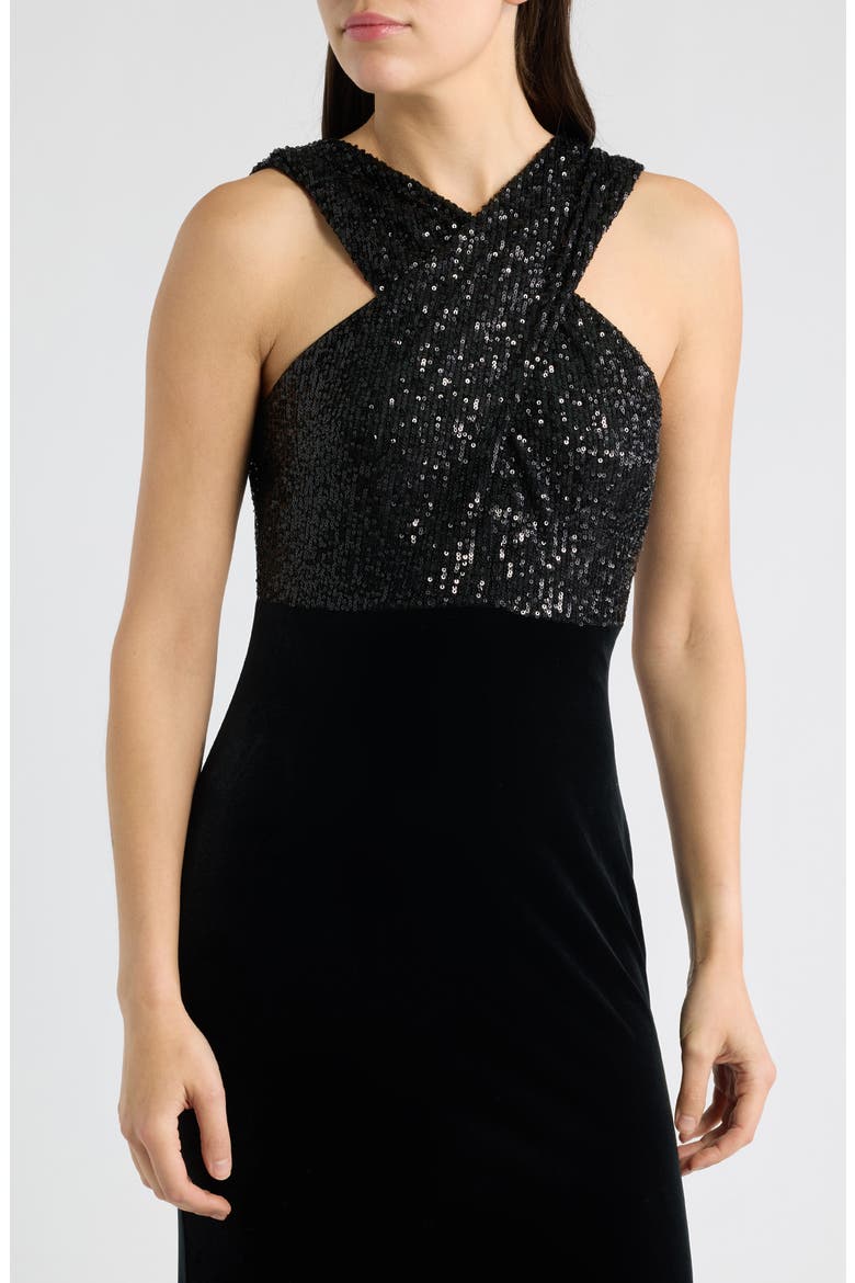 Sequin Cross Neck Mixed Media Gown, Alternate, color, BLACK