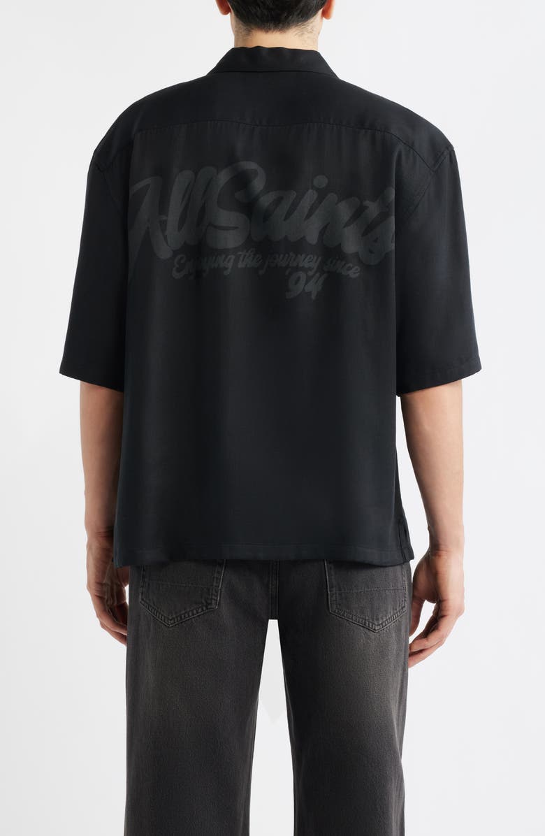 AllSaints Circe Logo Graphic Oversize Short Sleeve Button-Up Shirt, Alternate, color, Jet Black