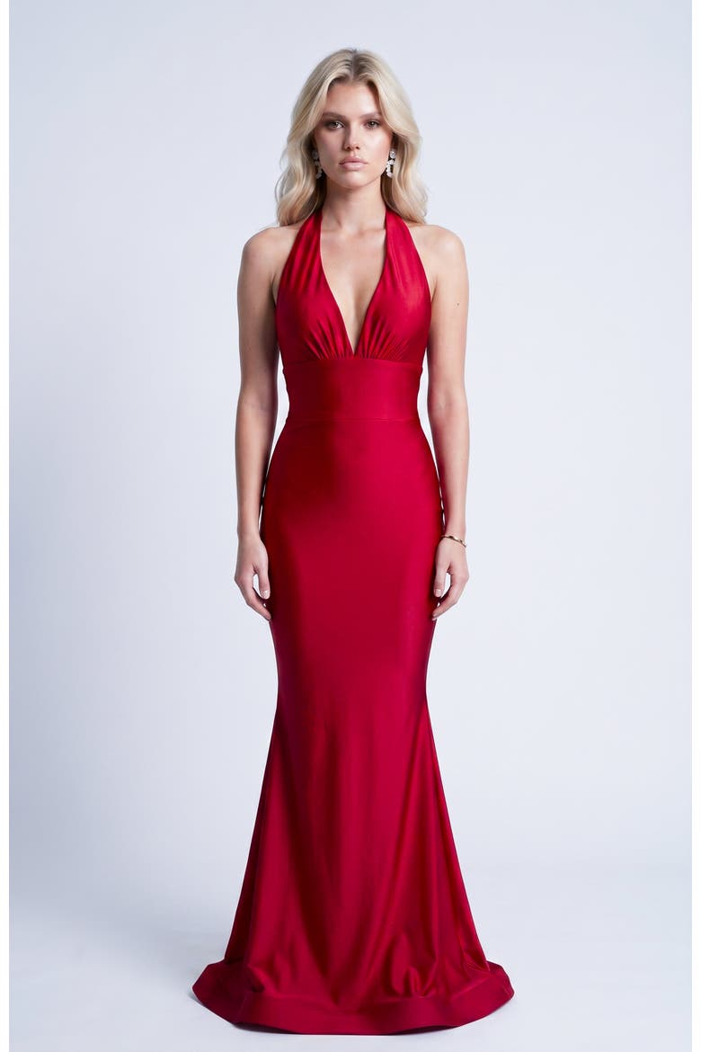 Plunge Gathered Halter Mermaid Gown, Alternate, color, Red