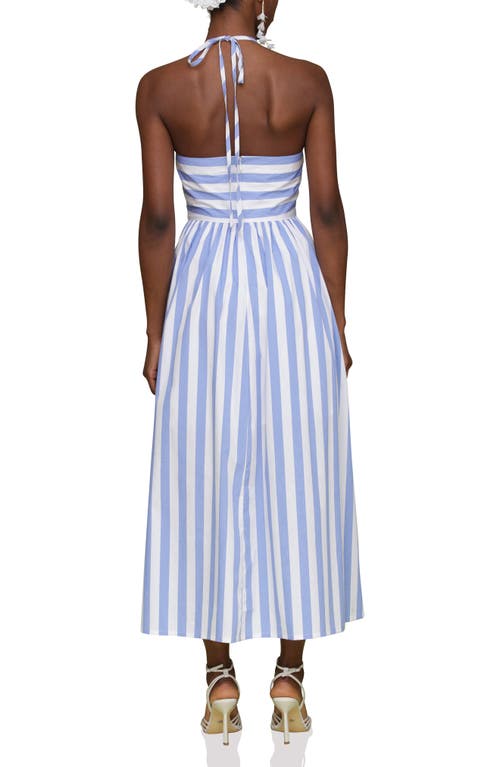 Avec Les Filles Stripe Halter Neck Cotton Blend Midi Dress In Bluewhite Stripe