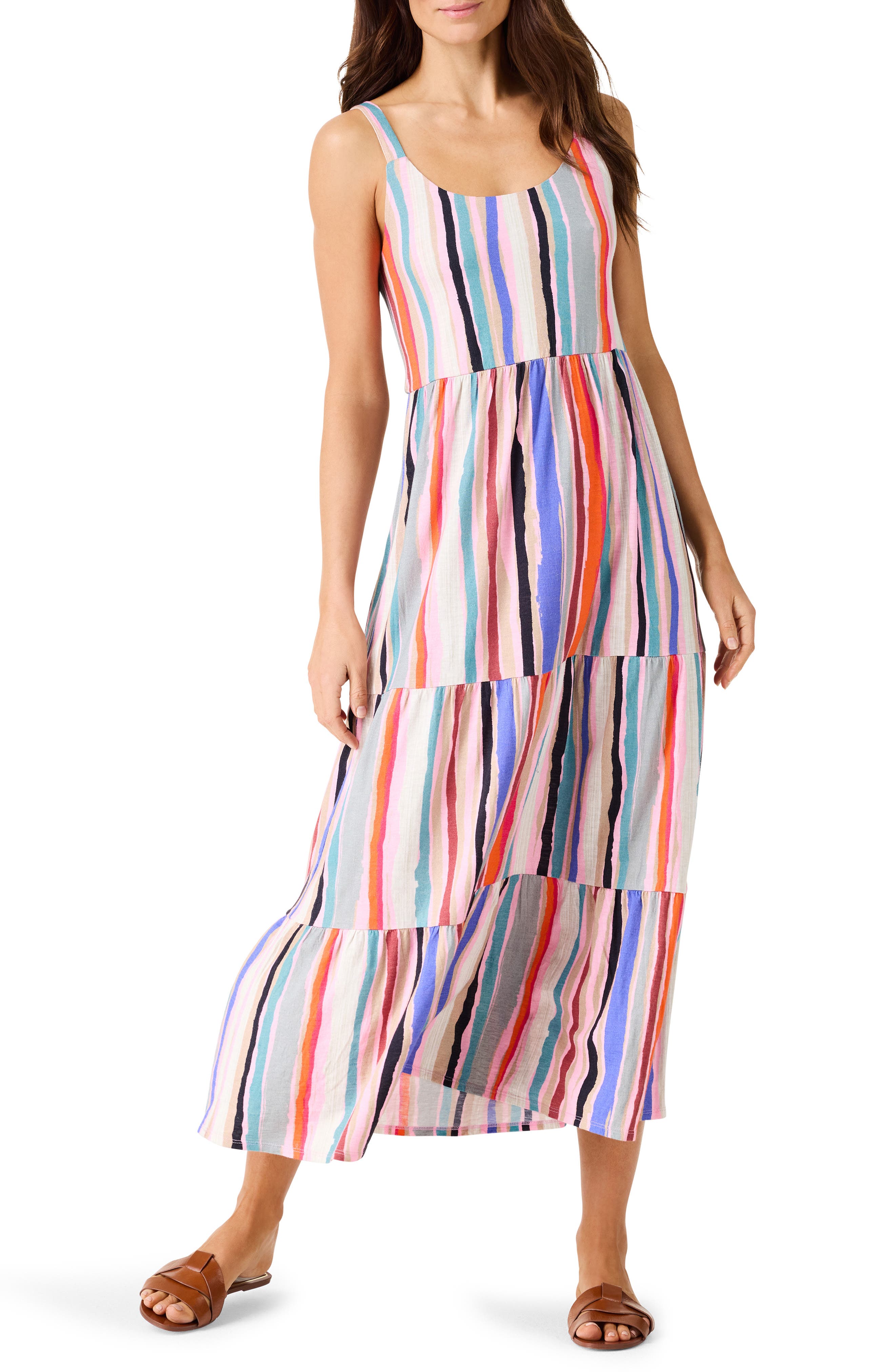 NZT by NIC+ZOE Painted Stripe Tiered Midi Sundress in Pink Multi 