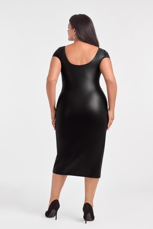 S3 Sculpting Shapewear Square Neck Cap Sleeve Faux Leather Midi Dress In Black