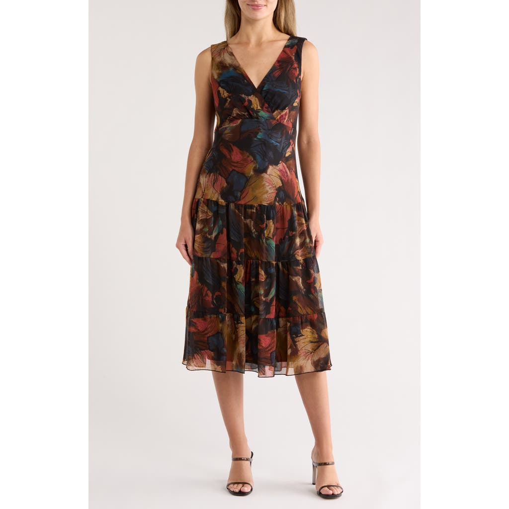 Connected Apparel Sleeveless Tiered Chiffon Midi Dress In Brown