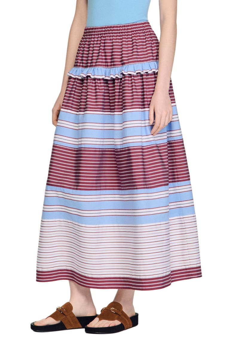 SANDRO Long striped cotton skirt, Alternate, color, Burgundy / White