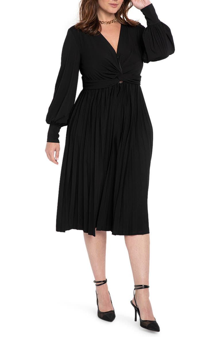 Knot Front Pleated Skirt Dress, Main, color, BLACK