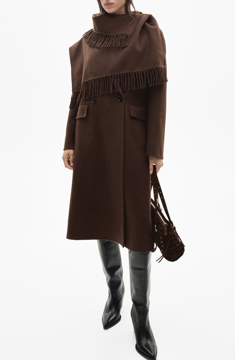 MANGO Wool Blend Coat with Fringed Scarf, Main, color,