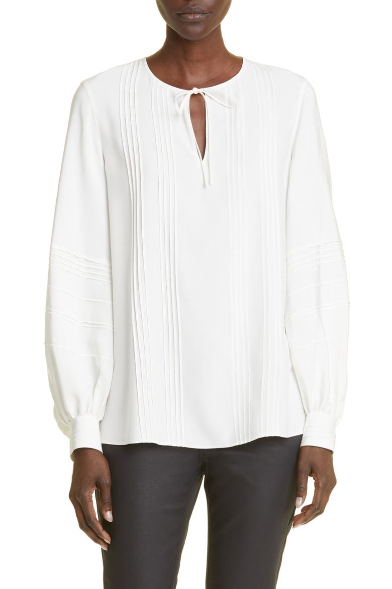 Pintuck Tie Neck Silk Blouse, Main, color, CLOUD