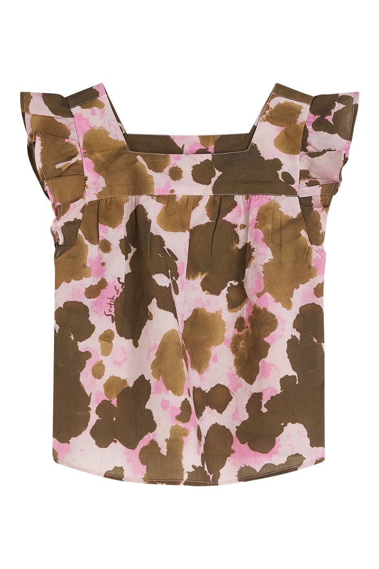 Kids' Abstract Print Ruffle Accent Cotton & Linen Top, Main, color, PAINTERLY ANIMAL LILAC SNOW
