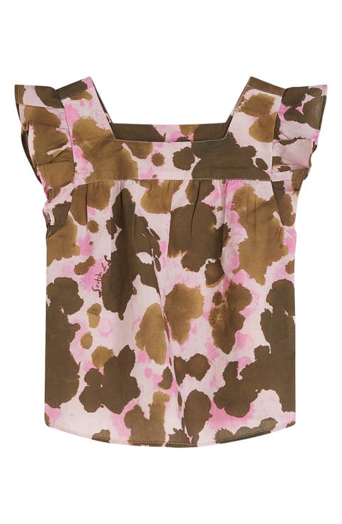 Kids' Abstract Print Ruffle Accent Cotton & Linen Top (Big Kid)