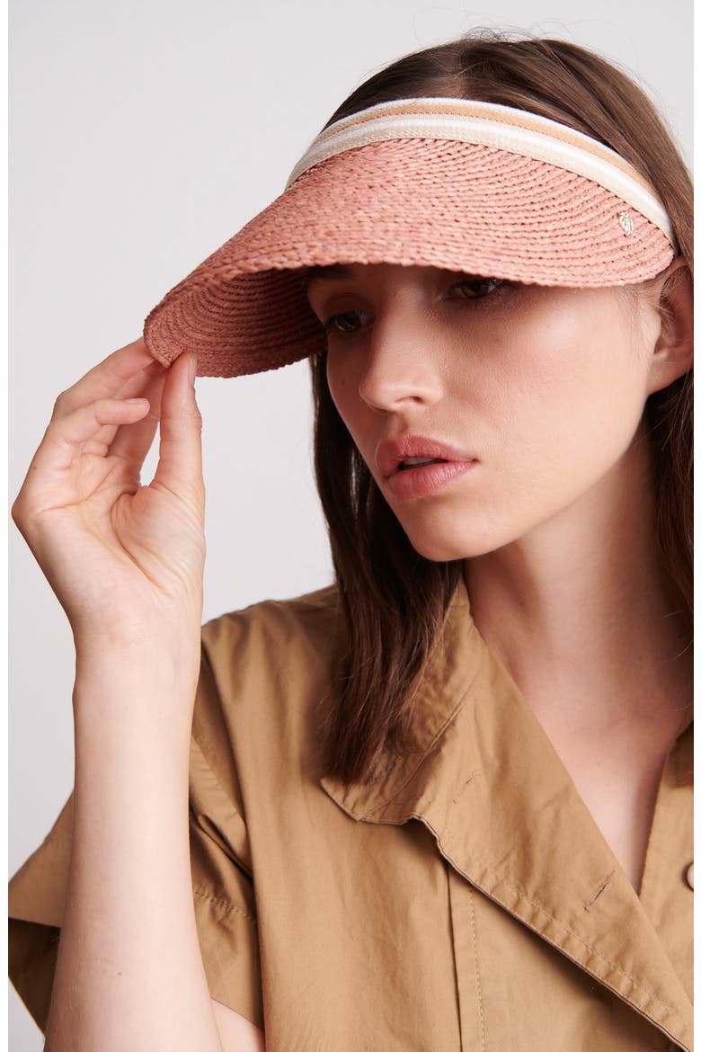 Bianca Raffia Visor, Alternate, color, PEONY/ NOUGAT STRIPE