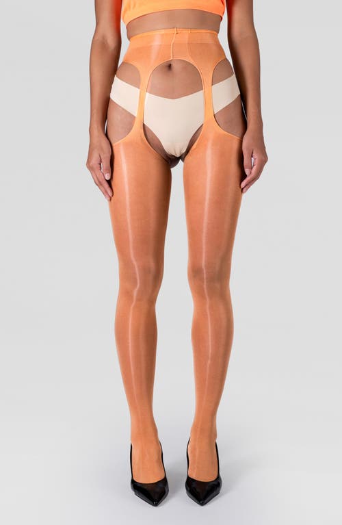 Lechery Women's Lustrous Silky Shiny Sheer Suspender Crotchless High-waist Pantyhose Tights In Caramel