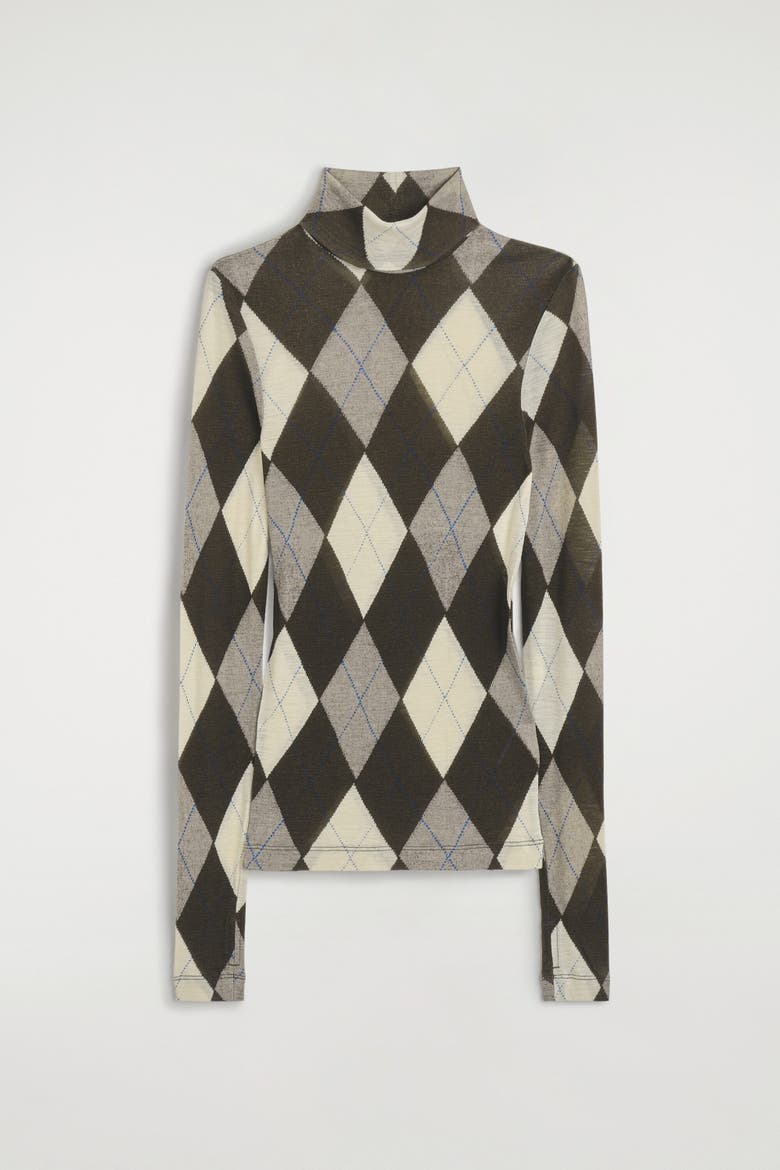 Merino Wool Turtleneck Top, Alternate, color, BROWN / CREAM / ARGYLE