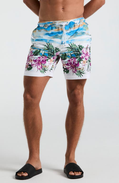 Original Penguin 7 Volley All Over Print Hibiscus Scene Swim Trunk In Bright White
