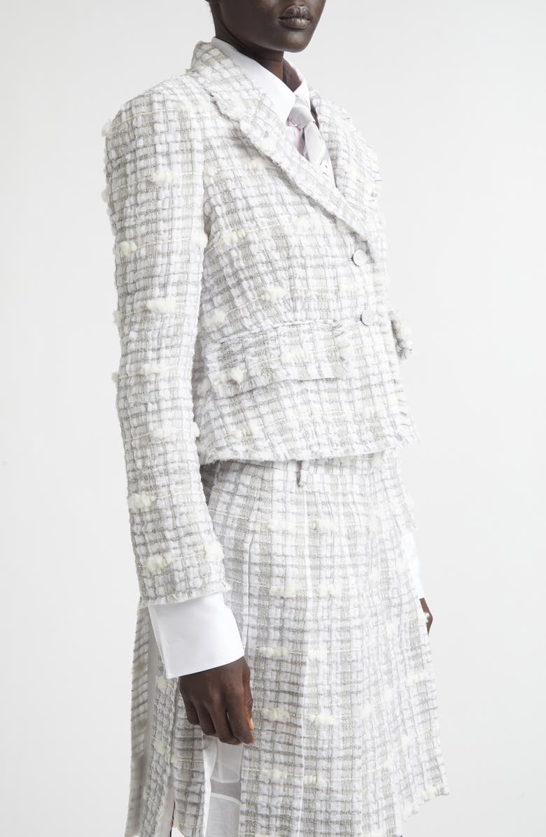 Thom Browne Crop Sculpted Shoulder Pouf Tweed Jacket, Alternate, color, Medium Grey