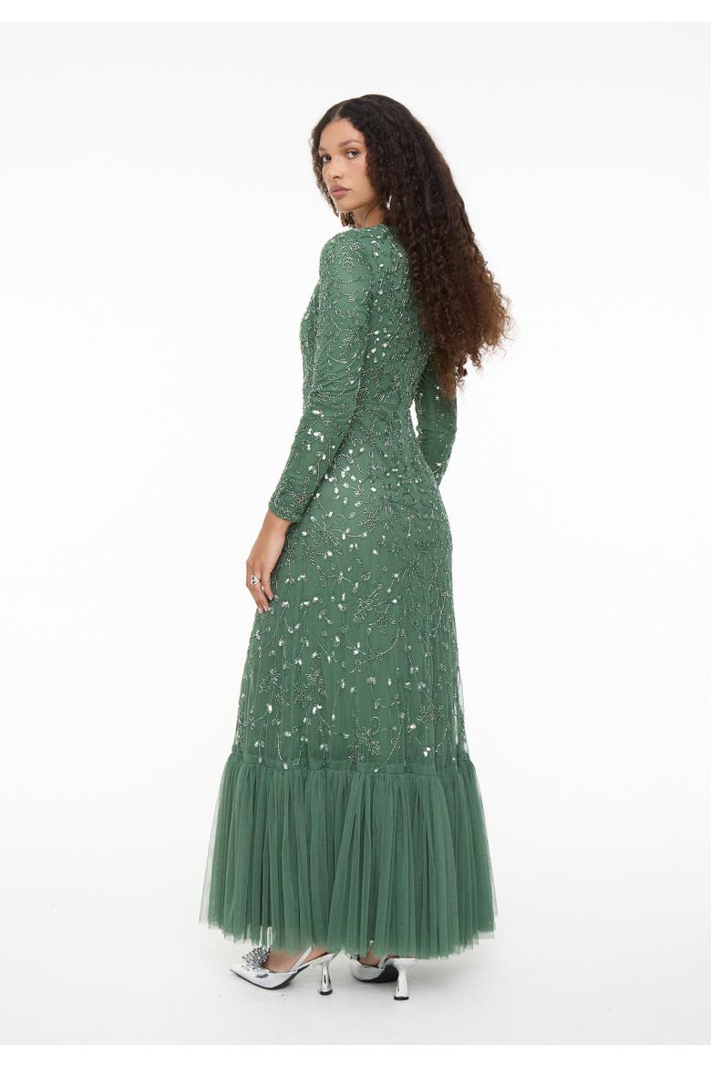 Modest Embellished Sequin Beaded Dress Maxi With Long Cape, Alternate, color, DARK GREEN