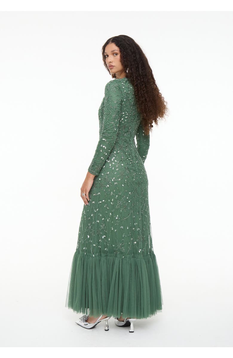 MARYISA Modest Embellished Sequin Beaded Dress Maxi With Long Cape, Alternate, color, Dark Green