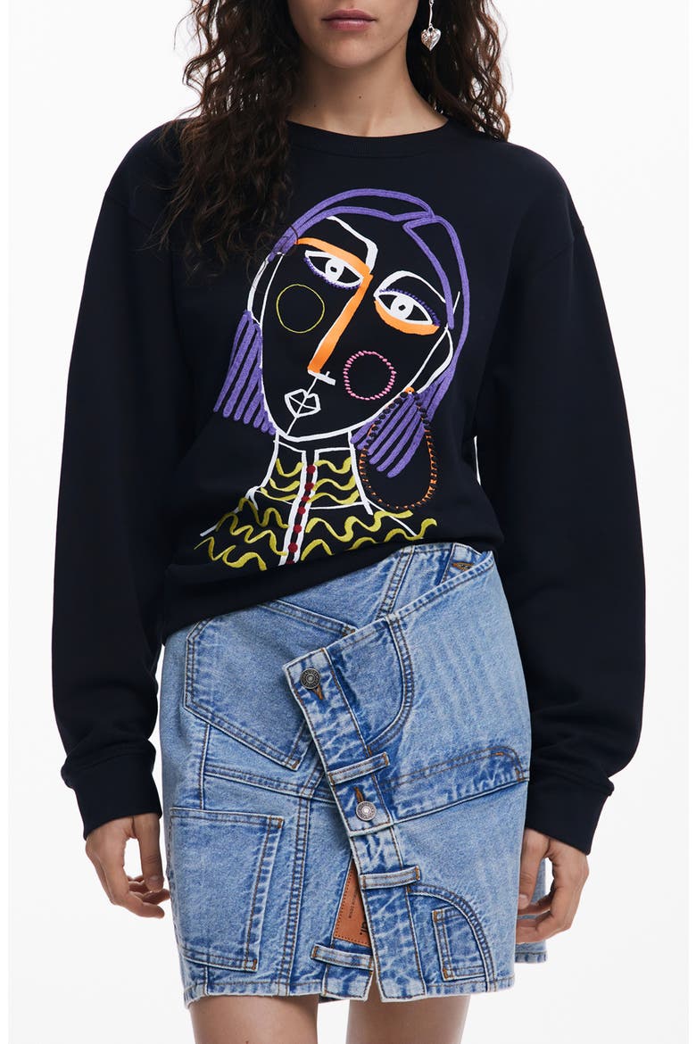 Embroidered Face Design Cotton Sweatshirt, Main, color, BLACK