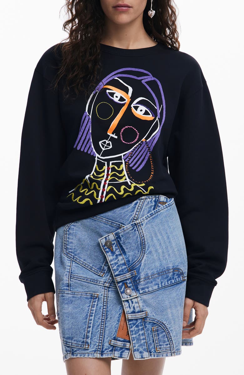 Desigual Embroidered Face Design Cotton Sweatshirt, Main, color,