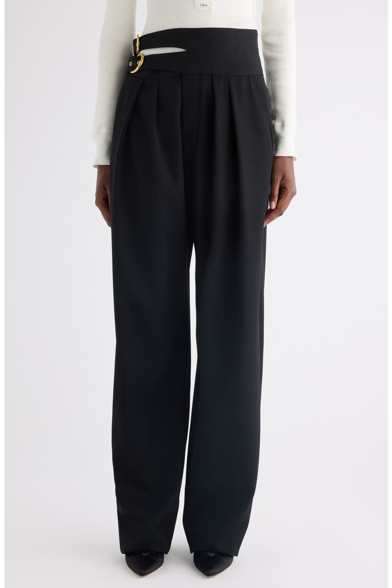 Buckle Keyhole High Waist Wool Straight Leg Pants, Main, color, BLACK