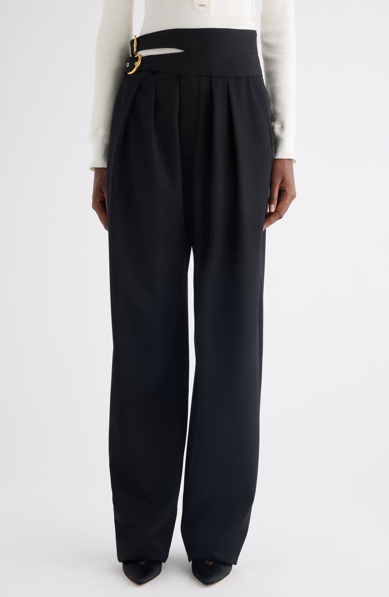 Chloé Buckle Keyhole High Waist Wool Straight Leg Pants, Main, color, Black