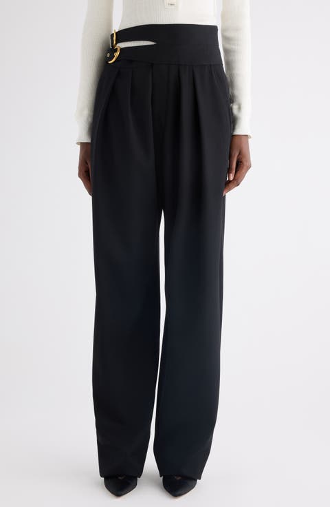 Buckle Keyhole High Waist Wool Straight Leg Pants