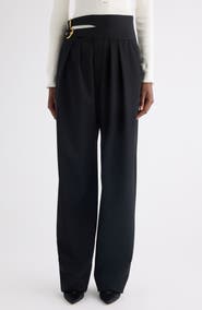 Chloé Buckle Keyhole High Waist Wool Straight Leg Pants