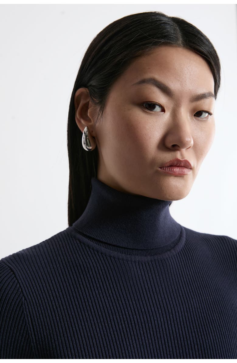 Karen Millen Roll Neck Belted Flippy Hem Mini Dress, Alternate, color, Navy