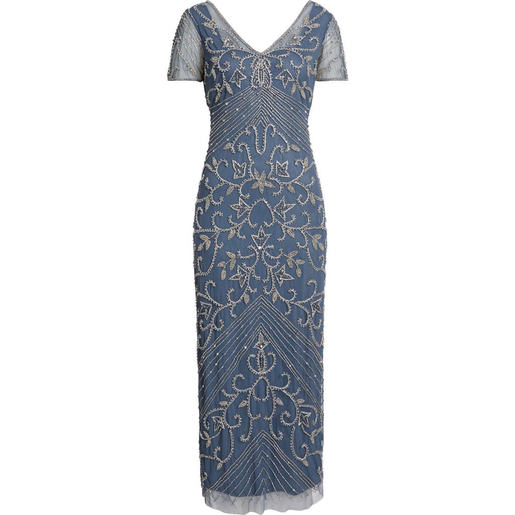 Pisarro Nights Beaded Mesh Column Gown In Grey 020