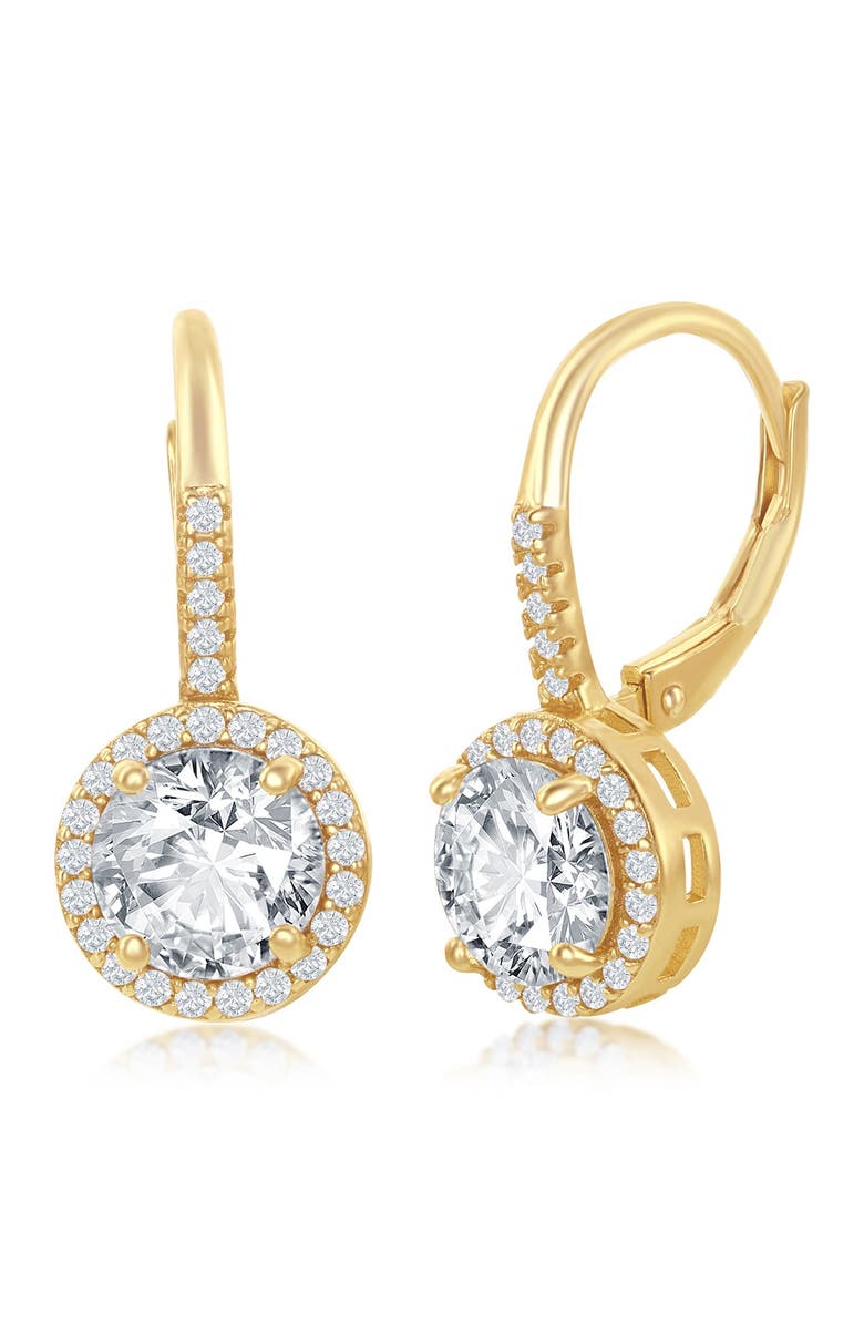 SIMONA 14K Yellow Gold Plated Sterling Silver Round-Cut CZ Halo Drop Earrings, Main, color, 