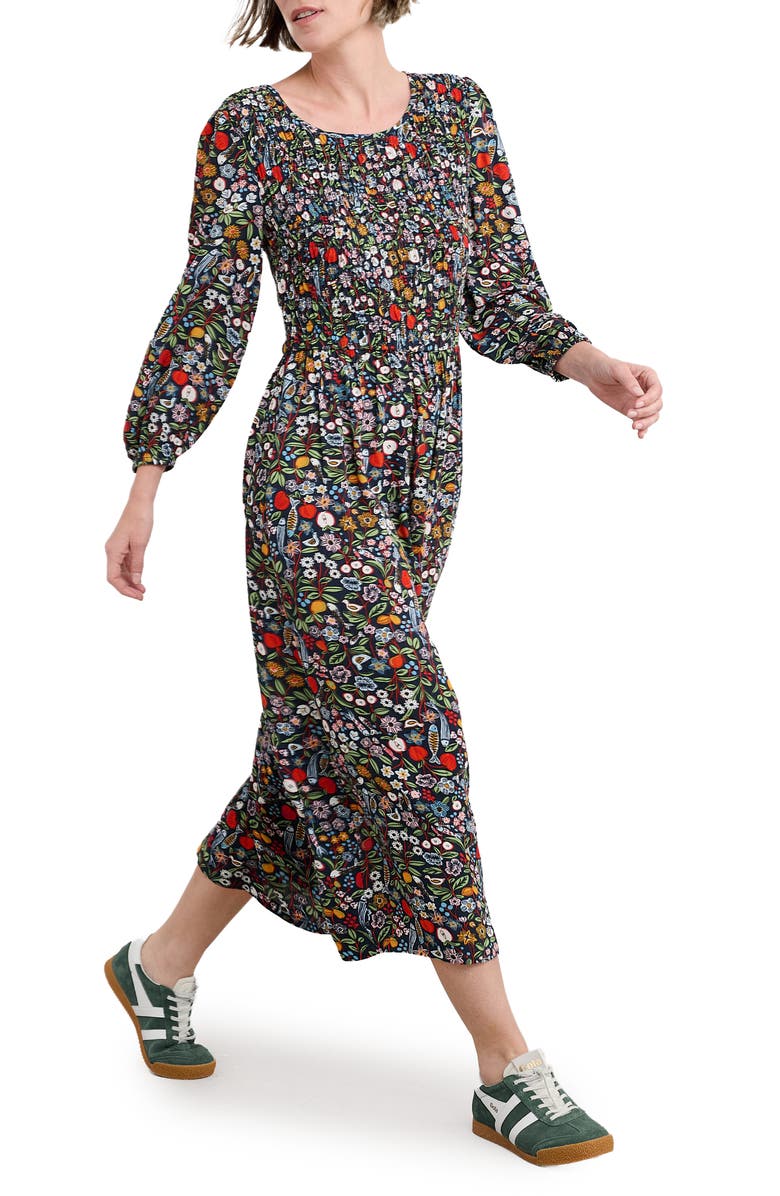 Seasalt Cornwall Meadowsweet Floral Smocked Long Sleeve Midi Dress, Alternate, color, Still Life Maritime