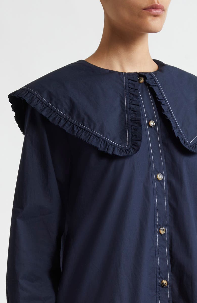 Ganni Big Collar Long Sleeve Organic Cotton Poplin Minidress, Alternate, color, 