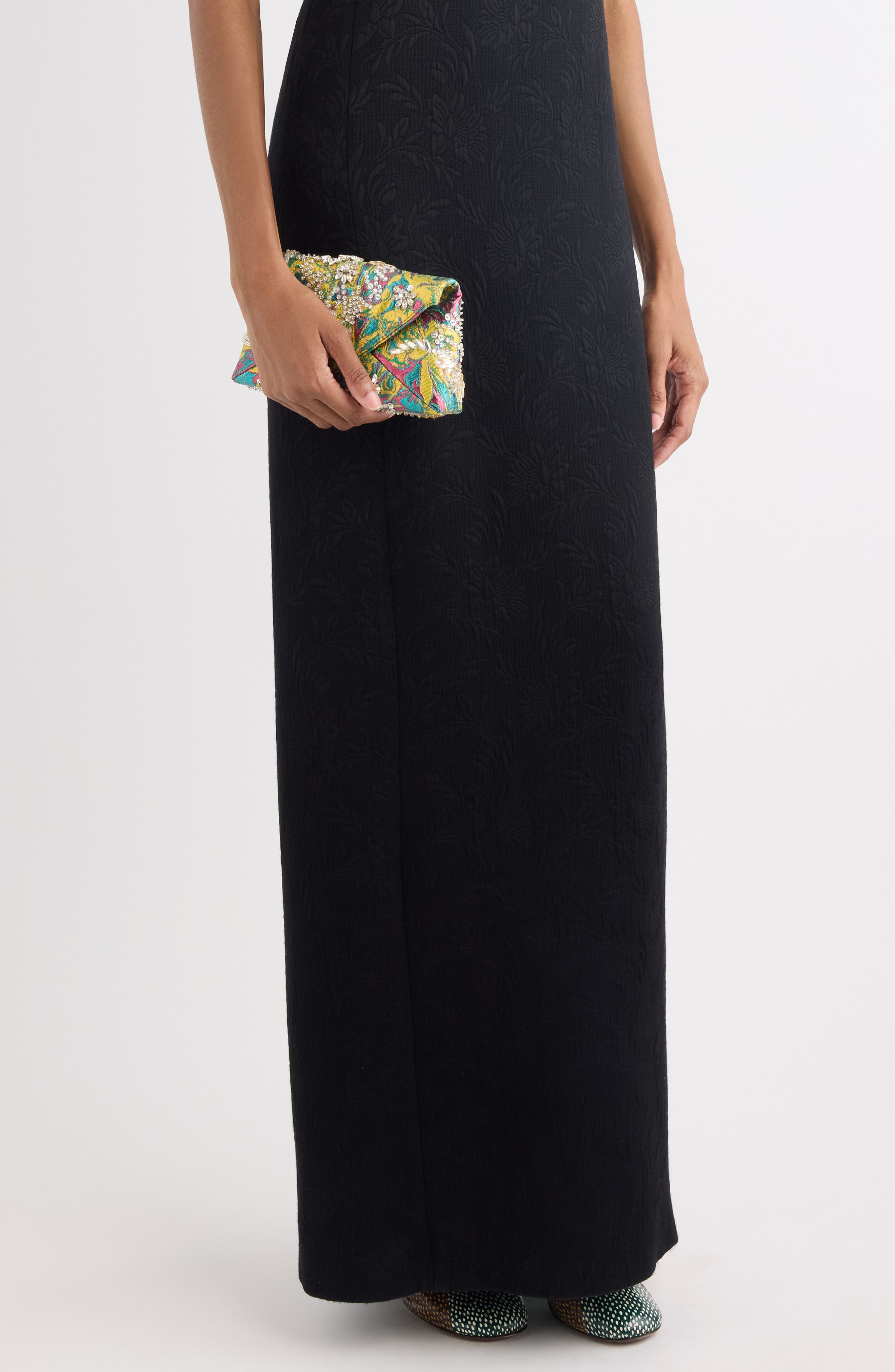 Dries Van Noten Crystal Embellished Lamé Floral Jacquard Clutch, Alternate, color, 207 Lemon