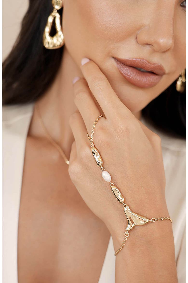 Liquid Metal Genuine Freshwater Pearl Hand Chain, Alternate, color, GOLD