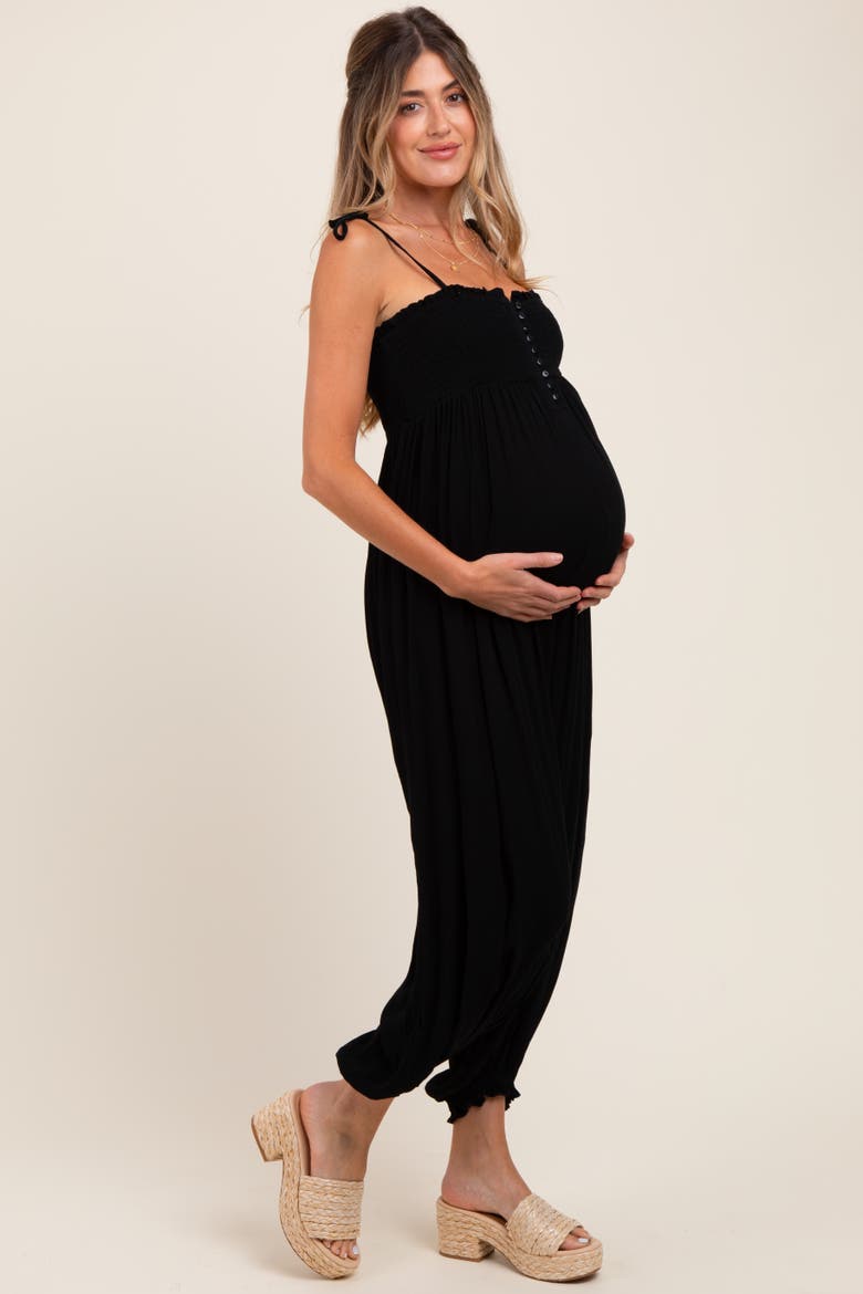 Smocked Button Front Shoulder Tie Jumpsuit, Alternate, color, Black