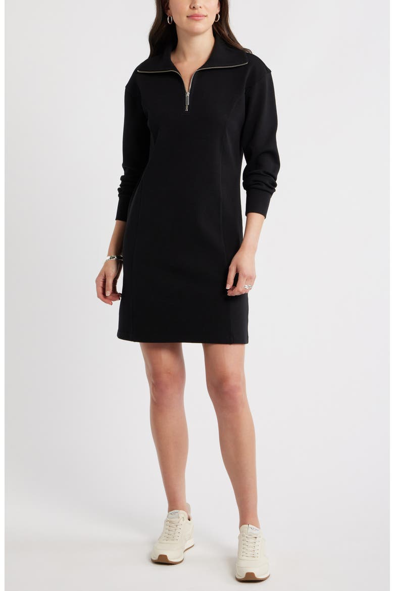 Long Sleeve Half Zip Knit Travel Dress, Main, color, BLACK