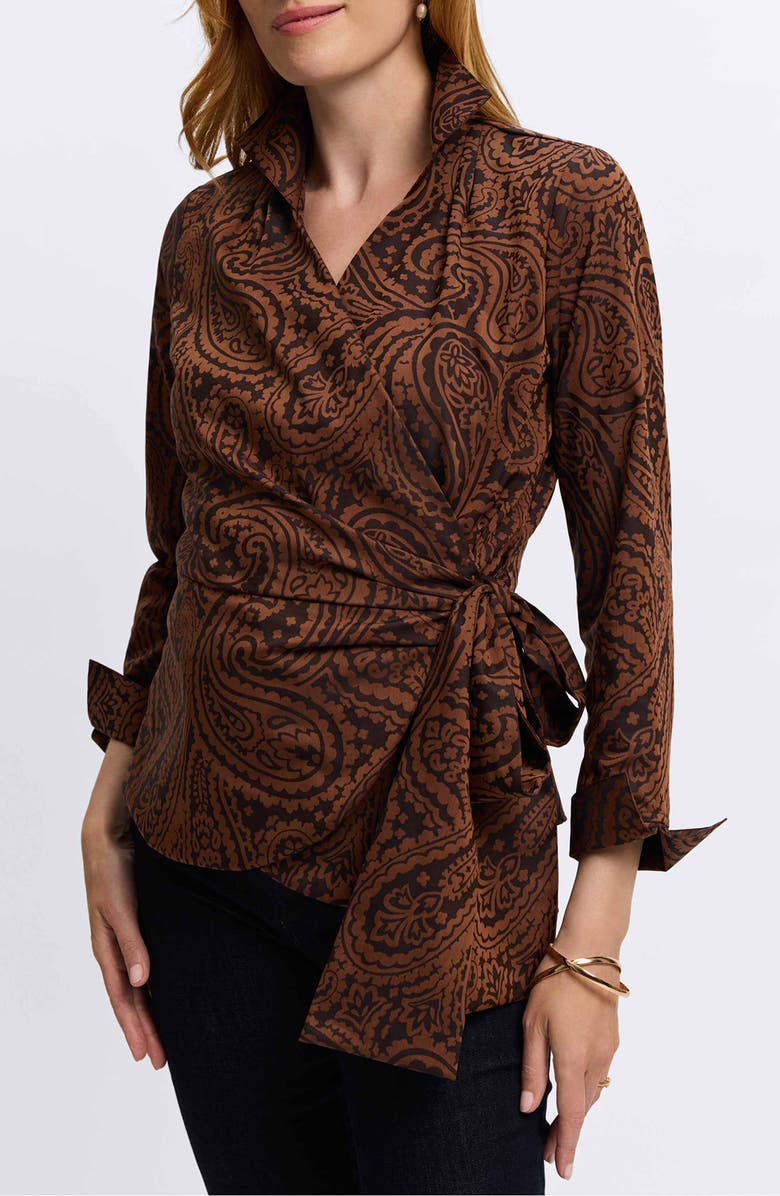 Foxcroft Saline Paisley Jacquard Wrap Top, Alternate, color, Macchiato/ Black
