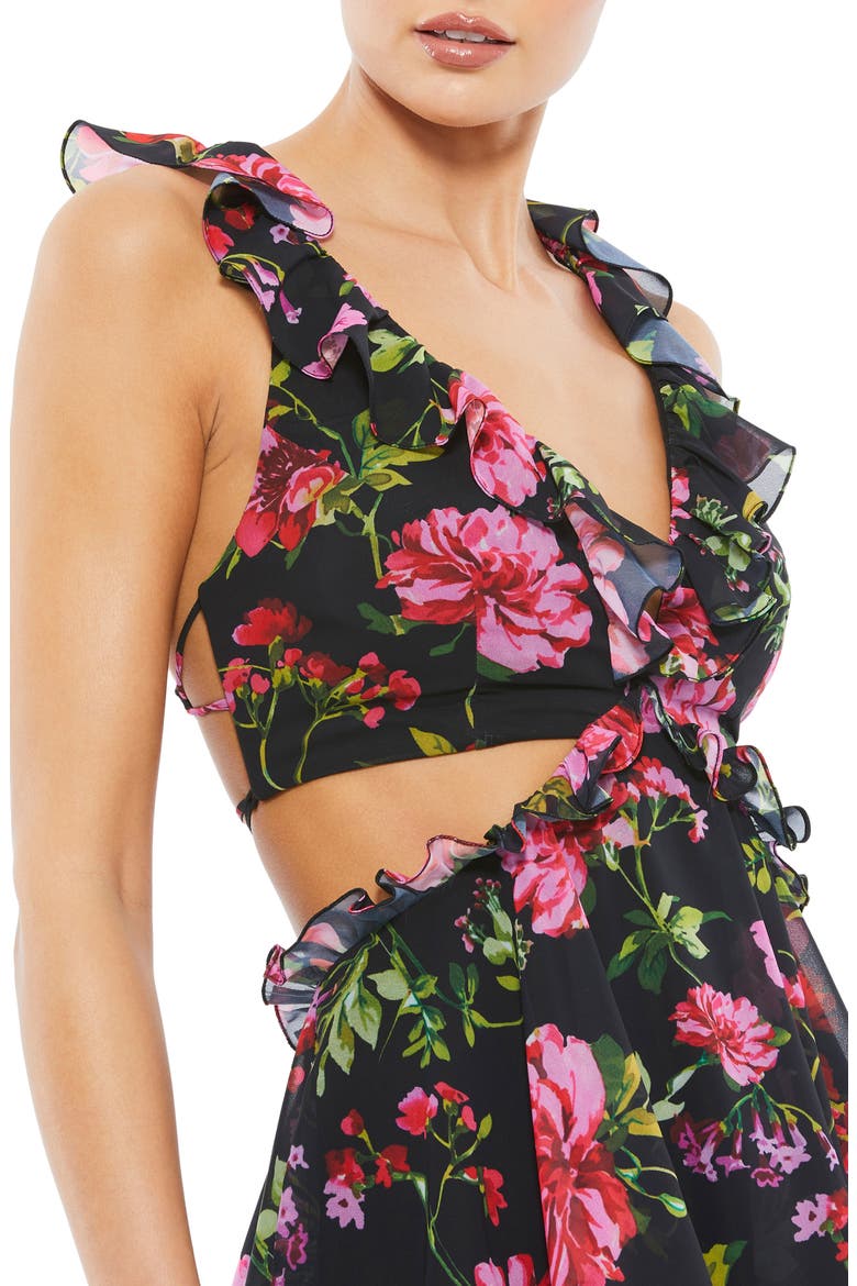 Floral Ruffle Cut Out Lace Up Flowy Mini Dress, Alternate, color, BLACK MULTI