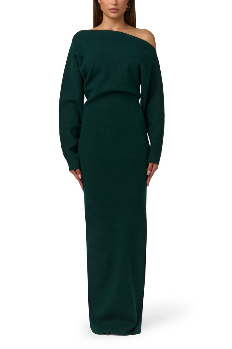 One-Shoulder Long Sleeve Maxi Sweater Dress, Main, color, NOIR GREEN