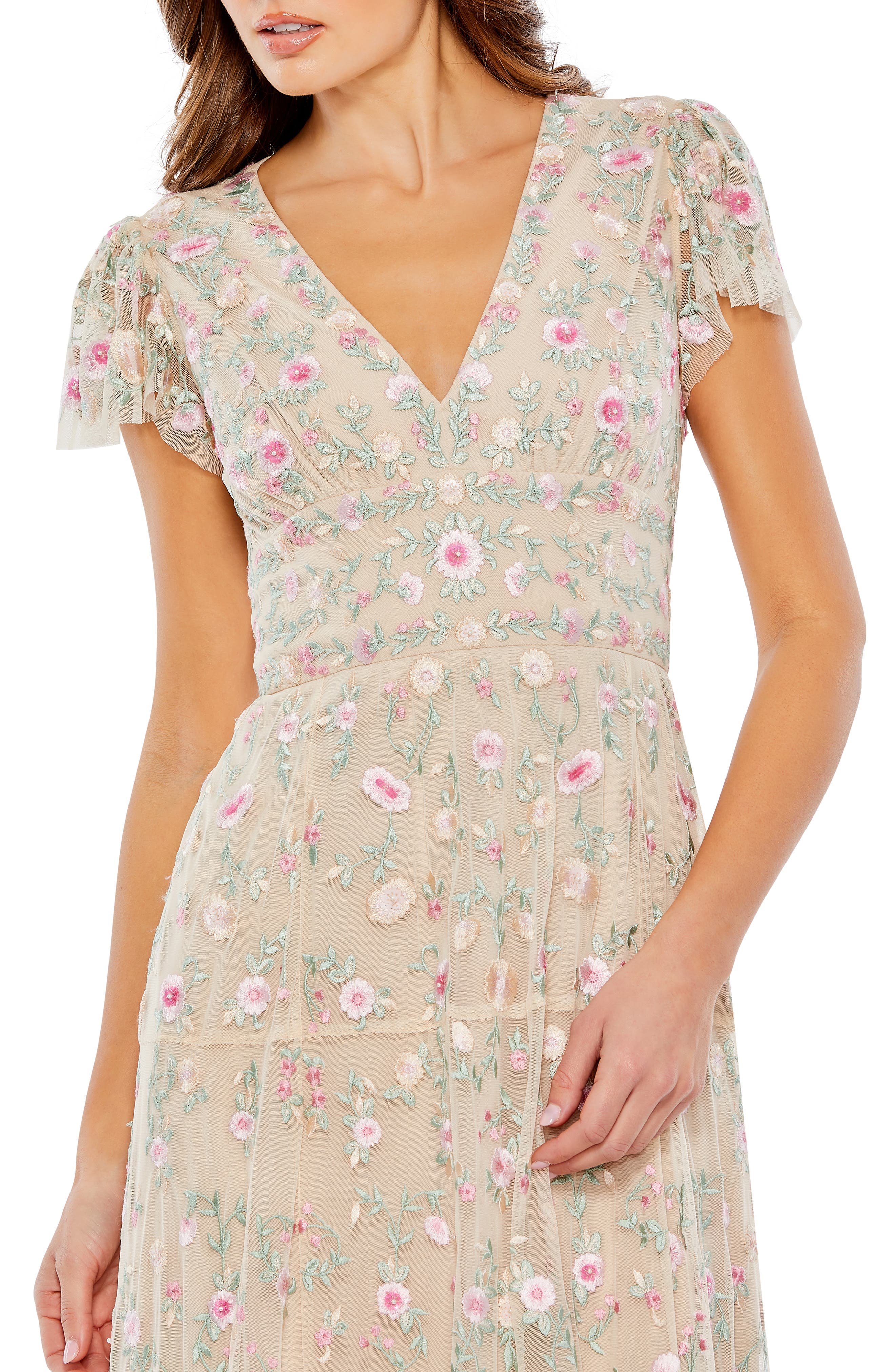 embroidered v neck cap sleeve midi dress Beige Multicolor Embroidered V Neck Cap Sleeve Midi Dress