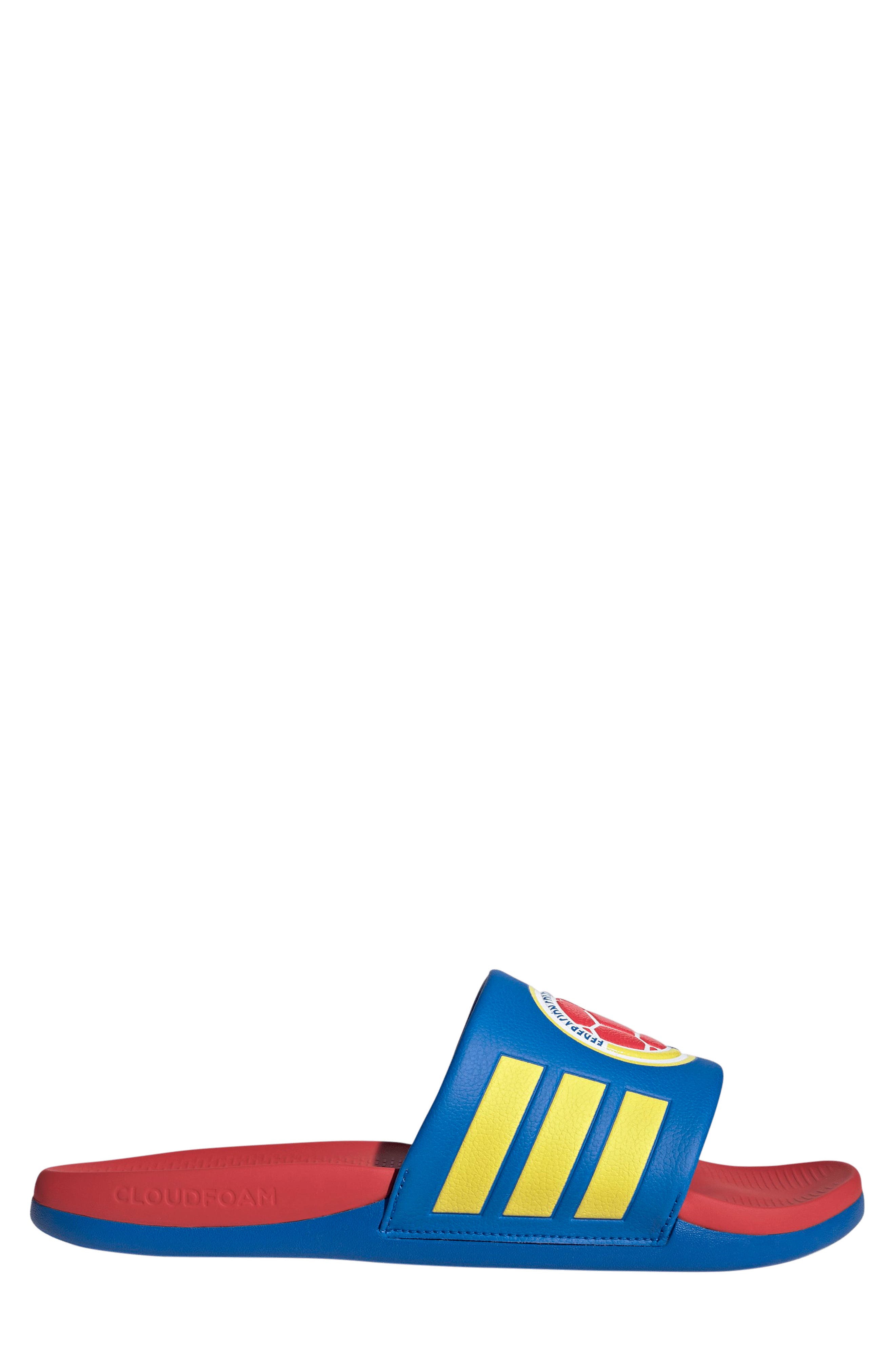 adidas Gender Inclusive Adilette Comfort 2.0 Colombia Slide Sandal, Alternate, color, Glory Blue/ Semi Lucid Red