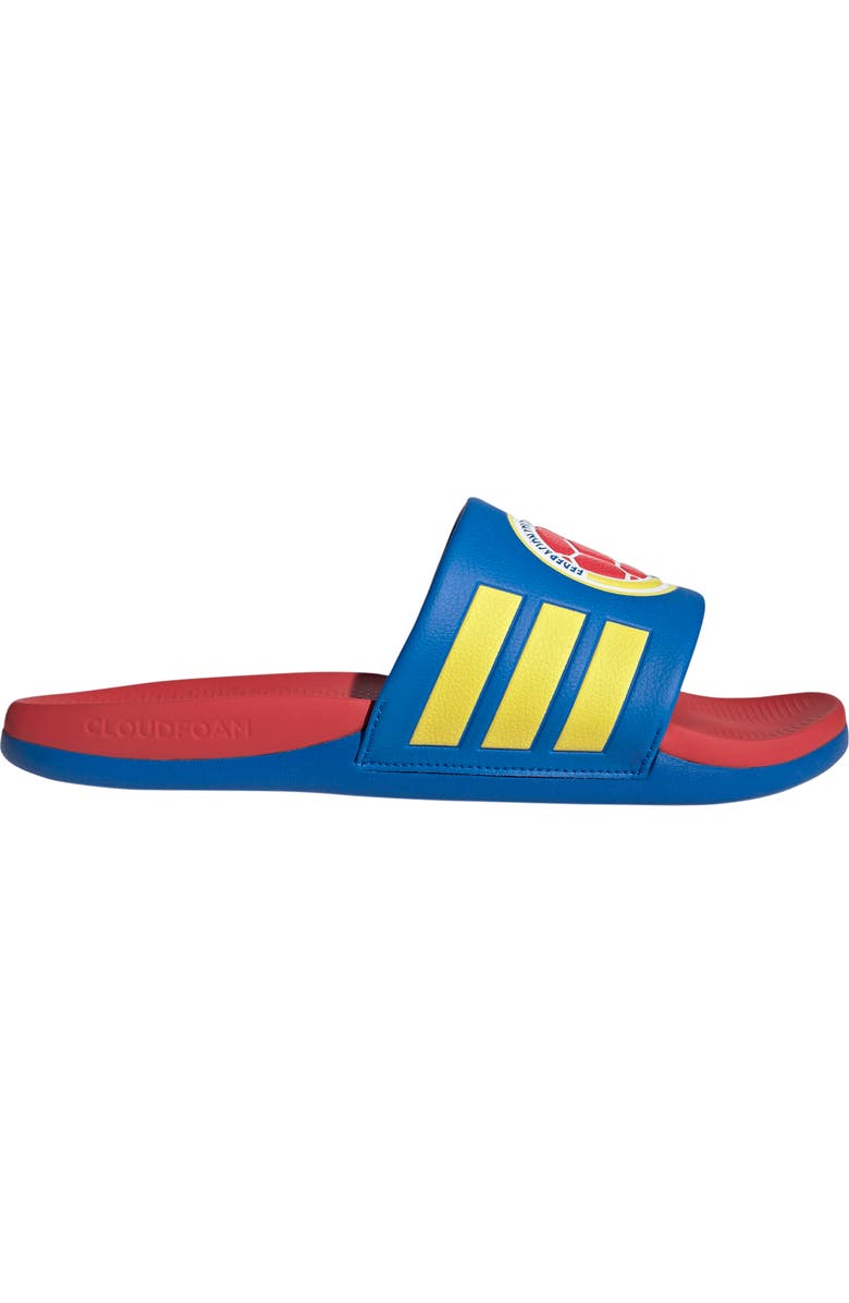 adidas Gender Inclusive Adilette Comfort 2.0 Colombia Slide Sandal, Alternate, color, Glory Blue/ Semi Lucid Red