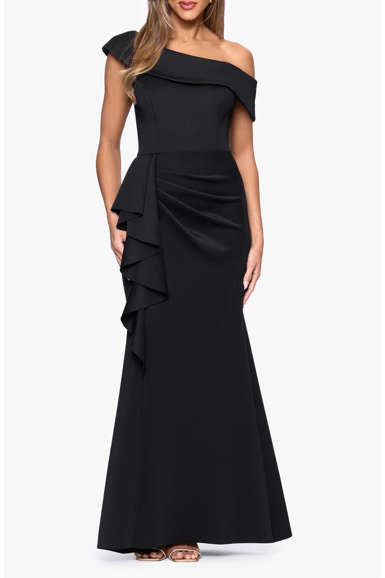 Ruffle One-Shoulder Scuba Knit Gown, Main, color, BLACK
