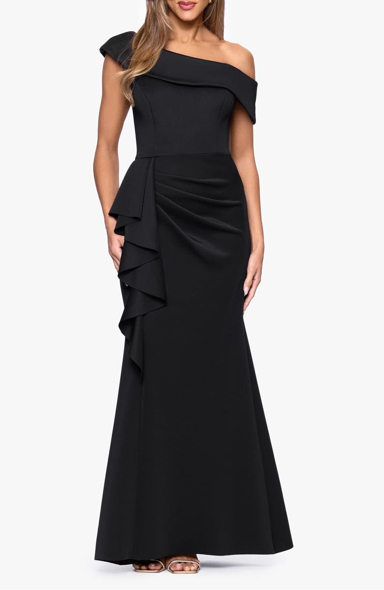 Xscape Evenings Ruffle One-Shoulder Scuba Knit Gown, Main, color, Black