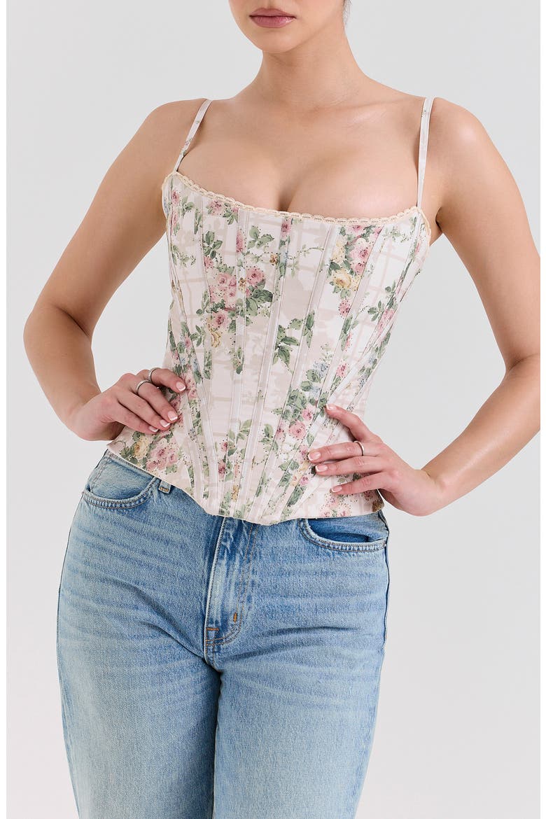 Cadie Stretch Cotton Corset Top, Main, color, VINTAGE FLORAL AND CREAM