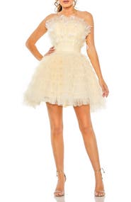 Mac Duggal Feathered Strapless Tulle Fit and Flare Dress