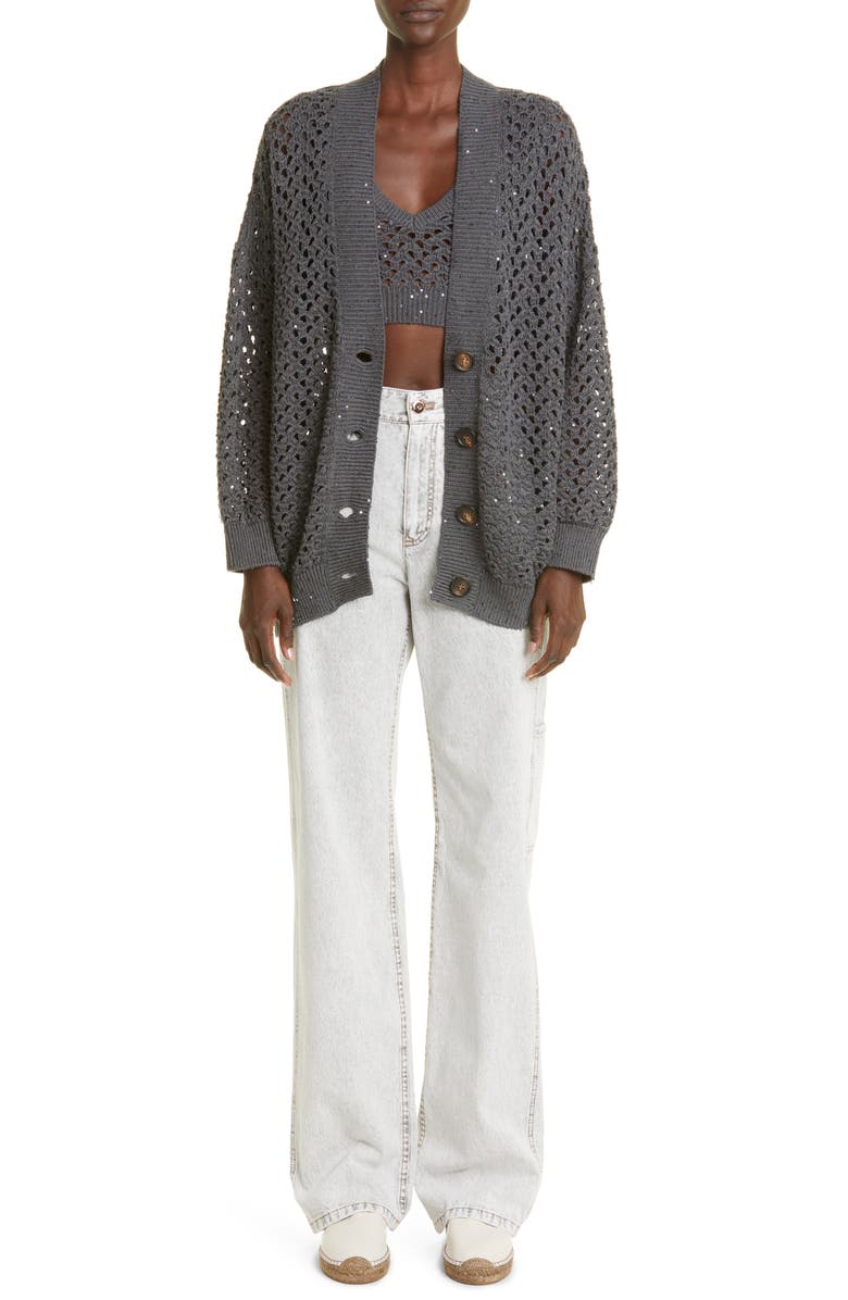 Brunello Cucinelli Sequin Oversize Open Stitch Cardigan, Alternate, color,