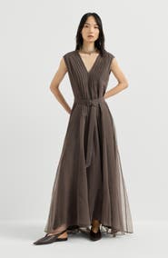 Brunello Cucinelli Crispy silk belted dress with pleated detail and precious strap