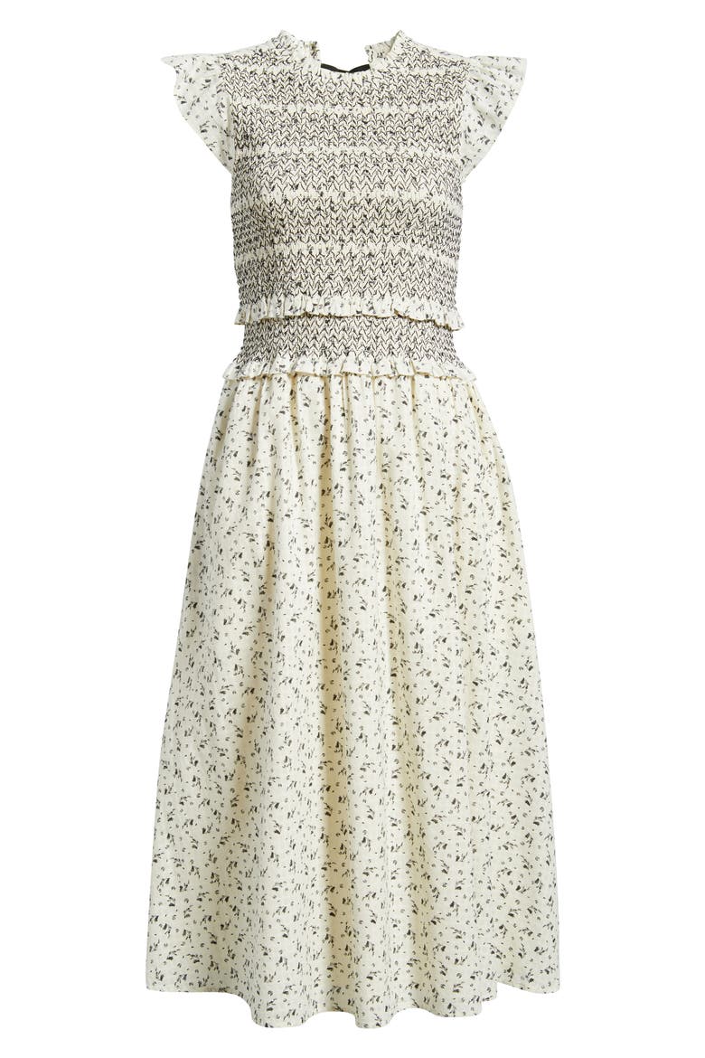 Smocked Bodice Tie Back Cotton Midi Dress, Alternate, color, IVORY- BLACK WALLPAPER DITSY